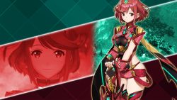 Rule 34 | 1girl, aegis sword (xenoblade), armor, breasts, closed mouth, covered navel, dress, earrings, elbow gloves, eyelashes, fingerless gloves, gem, gloves, glowing, hair ornament, headpiece, highres, holding, holding sword, holding weapon, jewelry, large breasts, pyra (xenoblade), red eyes, saitou masatsugu, short hair, short shorts, short sleeves, shorts, sidelocks, skin tight, skindentation, smile, standing, swept bangs, sword, thighhighs, thighs, third-party edit, tiara, wallpaper, weapon, xenoblade chronicles (series), xenoblade chronicles 2