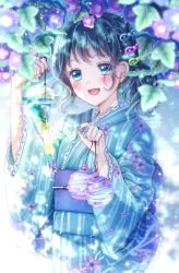 Rule 34 | 1girl, :d, black hair, blue eyes, blue kimono, earrings, flower, happy, highres, japanese clothes, jewelry, kimono, kousagi, lace-trimmed sleeves, lace trim, morning glory, open mouth, original, smile, solo, sparkle, wide sleeves, wind chime, yukata