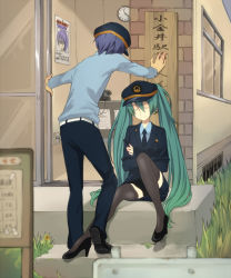 Rule 34 | 1girl, 2boys, bad id, bad pixiv id, belt, blue hair, blurry, brick wall, clock, corded phone, crossed arms, depth of field, closed eyes, from behind, grass, green hair, hat, hatsune miku, high heels, highres, kaito (vocaloid), kamui gakupo, kiya machi, long hair, multiple boys, necktie, outdoors, pencil skirt, phone, police, police hat, police uniform, policewoman, shoes, skirt, thighhighs, twintails, uniform, very long hair, vocaloid, wall clock, zettai ryouiki