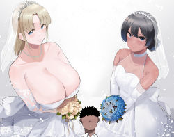 Rule 34 | 1boy, 2girls, bare shoulders, black hair, blonde girl (okpriko), blonde hair, blue eyes, blush, bouquet, breasts, bridal veil, cleavage, closed mouth, collarbone, commentary, dark-skinned female, dark-skinned male, dark skin, dress, elbow gloves, english commentary, faceless, flower, gloves, gradient background, hair between eyes, highres, holding, holding bouquet, huge breasts, jewelry, looking at viewer, medium hair, multiple girls, necklace, nose blush, okpriko, original, parted bangs, pearl necklace, see-through, simple background, small breasts, smile, thai girl (okpriko), tiara, veil, wedding dress, white background, white dress, white gloves