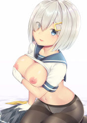 Rule 34 | 1girl, blue eyes, breasts, breasts out, cleavage, gloves, hair ornament, hair over one eye, hairclip, hamakaze (kancolle), highres, kanaka (kananan0910828), kantai collection, kneeling, large breasts, looking at viewer, navel, nipples, pantyhose, partially undressed, school uniform, serafuku, short hair, silver hair, skirt, unworn skirt, solo, thighband pantyhose, white gloves