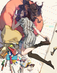 Rule 34 | 1girl, bag, bed, black-framed eyewear, black footwear, black thighhighs, blush, book, brown hair, cellphone, cushion, dress, food, from above, full body, glasses, grey dress, half-closed eyes, handbag, high heels, highres, long hair, looking at phone, lying, marker, office lady, on bed, on side, original, pen, phone, profile, purple eyes, sandwich, shoes, short sleeves, smartphone, solo, striped clothes, striped dress, tennohi, thighhighs, undressing, unworn eyewear, unworn shoes, vertical-striped clothes, vertical-striped dress, watch, wristwatch