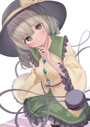 Rule 34 | 1girl, absurdres, black hat, bow, closed mouth, commentary, floral print, green skirt, hat, hat bow, head tilt, highres, komeiji koishi, light green hair, long sleeves, looking at viewer, medium hair, r utchi, rose print, shirt, simple background, skirt, smile, solo, third eye, touhou, white background, wide sleeves, yellow bow, yellow shirt