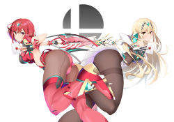Rule 34 | 2girls, absurdres, ass, bare shoulders, black leggings, blonde hair, bob cut, boots, breasts, cameltoe, daive, dress, envelope, fingerless gloves, gem, gloves, headpiece, highres, jewelry, large breasts, leg up, leggings, long hair, looking at viewer, multiple girls, mythra (massive melee) (xenoblade), mythra (xenoblade), nintendo, pantyhose, pantyhose under shorts, pyra (xenoblade), red eyes, red footwear, red hair, short hair, shorts, simple background, smash ball, smash invitation, smile, super smash bros., super smash bros. logo, swept bangs, thighband pantyhose, thighhighs, thighs, tiara, white background, xenoblade chronicles (series), xenoblade chronicles 2, yellow eyes