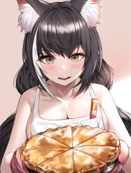 Rule 34 | 1girl, alternate costume, animal ear fluff, animal ears, bare shoulders, black hair, blush, breasts, cake, cat ears, cat girl, cat tail, commentary request, food, green eyes, grey background, highres, holding, holding cake, holding food, karyl (princess connect!), large breasts, long hair, looking at viewer, multicolored hair, open mouth, pie, princess connect!, round teeth, shirt, simple background, solo, streaked hair, suou-sensei, tail, teeth, twintails, very long hair, white hair, white shirt