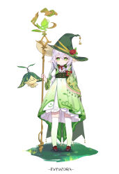 Rule 34 | 1girl, absurdres, alternate costume, aranara (genshin impact), cape, closed mouth, dress, full body, genshin impact, green dress, green eyes, green hat, hat, highres, holding, holding staff, juliet sleeves, long sleeves, looking at viewer, nahida (genshin impact), neck ribbon, pointy ears, puffy sleeves, red ribbon, ribbon, simple background, solo, staff, tachi-e, thighhighs, white background, white hair, white thighhighs, witch hat, ya danhuang
