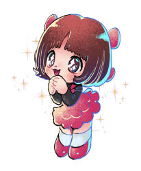 Rule 34 | 1girl, black jack (series), bow, brown hair, child, dress, excited, eyelashes, hair bow, husagin, open mouth, pink bow, pink dress, pink footwear, pinoko, short hair, simple background, socks, solo, sparkle, sparkling eyes, white background, white socks