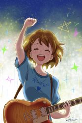 Rule 34 | absurdres, arm up, blue shirt, blush, bob cut, brown eyes, brown hair, closed eyes, commentary request, dated, electric guitar, fireworks, guitar, hair ornament, hairclip, happy, highres, hirasawa yui, holding, holding instrument, instrument, k-on!, open mouth, shirt, short hair, short sleeves, signature, smile, teeth, tsunemoku, upper teeth only