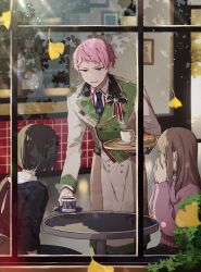 Rule 34 | 2boys, 2girls, aoba tsumugi, black dress, black hair, blue hair, blue necktie, brown coat, brown hair, cafe, coat, collared shirt, counter, croissant, cup, dress, ensemble stars!, facing away, falling leaves, feet out of frame, food, from outside, ginkgo leaf, glasses, highres, holding, holding saucer, holding tray, itsuki shu, kaminokefusa, lapel pin, lapels, leaf, leaning forward, long hair, looking at another, male focus, multiple boys, multiple girls, necktie, notched lapels, official alternate costume, parted lips, picture frame, pink hair, pink nails, pink sweater, plate, purple eyes, sandwich, saucer, shirt, short hair, sitting, smile, solo focus, standing, sweater, table, tray, waiter, white shirt, window