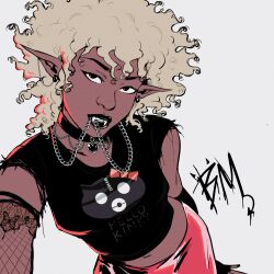Rule 34 | 1girl, afro, beckymastery, black collar, black lips, black shirt, blonde hair, breasts, brown eyes, chain, collar, commentary, contrapposto, curly hair, dark-skinned female, dark skin, earrings, elbow gloves, fangs, fingerless gloves, fishnet sleeves, fishnets, gloves, hello kitty, highres, jewelry, lip piercing, midriff, navel, original, piercing, pointy ears, sanrio, selfie, shirt, signature, small breasts, solo, t-shirt, upper body