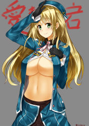 Rule 34 | 10s, 1girl, atago (kancolle), beret, black gloves, blonde hair, breasts, character name, cleavage, coat, cowboy shot, ffmania7, gloves, green eyes, grey background, hat, highres, isshiki (ffmania7), jacket, kantai collection, large breasts, long hair, long sleeves, looking at viewer, military, military uniform, navel, no bra, open clothes, open coat, open shirt, pantyhose, salute, shirt, simple background, smile, solo, stomach, twitter username, underboob, uniform, upper body