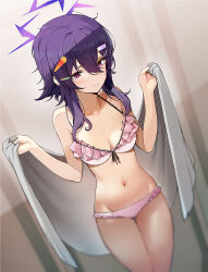 Rule 34 | 1girl, bare arms, bare shoulders, bikini, blue archive, blush, breasts, closed mouth, frilled bikini, frills, groin, hair ornament, hairclip, halo, haruka (blue archive), highres, holding, holding towel, hyury, indoors, navel, pink bikini, purple eyes, purple hair, short hair, solo, standing, stomach, swimsuit, towel