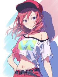 Rule 34 | 1girl, baseball cap, belt, black belt, blush, borgbutler, closed mouth, crop top, floating hair, hand on own hip, hat, highres, long hair, looking at viewer, love live!, love live! school idol project, midriff, navel, nishikino maki, pants, purple eyes, red hair, red pants, shadow, shirt, single bare shoulder, smile, solo, stomach, upper body