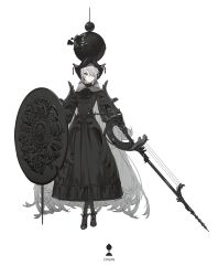 Rule 34 | 1girl, absurdres, black dress, black gloves, black headwear, chess piece, dress, english text, eyelashes, full body, gloves, grey eyes, grey hair, hair over one eye, high collar, highres, holding, holding shield, holding sword, holding weapon, impossible clothes, kieed, long hair, long sleeves, off-shoulder dress, off shoulder, one eye covered, original, pawn (chess), puffy long sleeves, puffy sleeves, shield, standing, sword, very long hair, weapon, white background