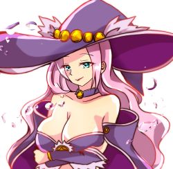 Rule 34 | 1girl, alicia (rune factory), bare shoulders, blue eyes, breasts, choker, closed mouth, crossed arms, hat, highres, hotaruishisan, large breasts, long hair, looking at viewer, pink hair, rune factory, rune factory 2, witch hat