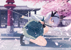 Rule 34 | 1girl, ainy, architecture, black footwear, black hairband, blue eyes, bobby socks, cherry blossoms, collared shirt, commentary request, dual wielding, east asian architecture, from side, full body, green skirt, green vest, hairband, hakugyokurou, holding, holding weapon, konpaku youmu, long sleeves, mary janes, on one knee, petals, revision, rope, shimenawa, shirt, shoes, short hair, skirt, socks, solo, stone lantern, sword, touhou, tree, vest, weapon, white hair
