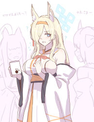 Rule 34 | 4girls, alternate costume, animal ear fluff, animal ears, blonde hair, blue archive, blue eyes, breasts, coffee mug, commentary request, cosplay, cup, detached sleeves, dog ears, dog girl, hair over one eye, halo, holding, holding cup, japanese clothes, kaho (blue archive), kaho (blue archive) (cosplay), kanna (blue archive), large breasts, long hair, long sleeves, look-alike, looking at another, mug, multiple girls, nidy, rope, sharp teeth, shimenawa, sideboob, sidelocks, simple background, sketch, solo focus, sweatdrop, teeth, trait connection, translated, white background, wide sleeves