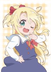 Rule 34 | 1girl, ;3, ;d, blonde hair, blue dress, blush, bow, checkered background, commentary request, decocharaseal, doyagao, dress, green eyes, hair bow, hand on own hip, highres, himesaka noa, long hair, long sleeves, looking at viewer, one eye closed, open mouth, parted bangs, ponytail, red bow, sailor collar, sailor dress, school uniform, shirt, smile, smug, solo, standing, thick eyebrows, very long hair, watashi ni tenshi ga maiorita!, white sailor collar, white shirt