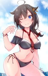 Rule 34 | 1girl, absurdres, ahoge, artist name, baileys (tranquillity650), bare arms, bare legs, bare shoulders, bikini, black bikini, blue eyes, braid, breasts, brown hair, closed mouth, collarbone, cowboy shot, hair between eyes, hair flaps, highres, kantai collection, large breasts, long hair, navel, one eye closed, shigure (kancolle), shigure kai ni (kancolle), signature, single braid, smile, solo, swimsuit, twitter username
