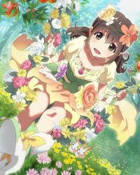 Rule 34 | 10s, 1girl, :d, brown eyes, brown hair, rabbit, field, flower, flower field, flower swing, food, fruit, hair flower, hair ornament, high heels, katayama minami, looking at viewer, low twintails, official art, open mouth, ribbon-trimmed clothes, ribbon trim, sitting, smile, solo, swing, twintails, wake up girls!, wake up girls! stage no tenshi