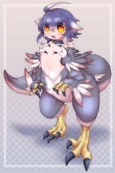 Rule 34 | 1girl, ahoge, animal collar, blue collar, blue eyes, breast hold, breasts, centauroid, claws, collar, colored tips, completely nude, dinosaur girl, extra arms, fangs, feathers, full body, gradient background, hair ears, highres, looking at viewer, monster girl, multicolored hair, nude, open mouth, original, oyasumi nidone, polka dot, polka dot background, shadow, short eyebrows, slit pupils, solo, talons, taur, two-tone hair, white hair, winged arms, wings, yellow eyes