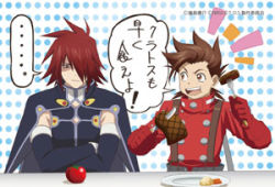 Rule 34 | 00s, age difference, brown eyes, brown hair, crossed arms, father and son, food, fork, hair over one eye, kratos aurion, lloyd irving, lowres, open mouth, red hair, short hair, tales of (series), tales of symphonia, tomato, translated