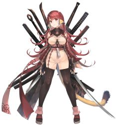 Rule 34 | 1girl, aasura, animal ears, aquaplus, breasts, broken, broken sword, broken weapon, chain, cleavage, closed mouth, dual wielding, gradient eyes, gradient hair, greatsword, hair between eyes, hair ornament, highres, holding, holding sword, holding weapon, jewelry, katana, large breasts, long hair, looking at viewer, messy hair, mitsumi misato, mole, mole under eye, multicolored eyes, multicolored hair, multiple weapons, necklace, off shoulder, official art, pantyhose, raised eyebrows, red eyes, red hair, sandals, sash, sheath, smile, solo, spread legs, standing, sword, tail, thick thighs, thighs, transparent background, utawarerumono, utawarerumono: lost flag, very long hair, wavy mouth, weapon