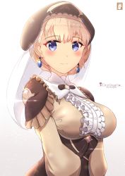 Rule 34 | 1girl, artist name, blonde hair, blue eyes, breasts, chinchongcha, closed mouth, earrings, fire emblem, fire emblem: three houses, hat, highres, jewelry, large breasts, long sleeves, mercedes von martritz, nintendo, short hair, simple background, smile, solo, upper body, veil