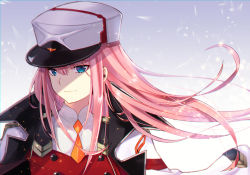 Rule 34 | 10s, aqua eyes, buttons, darling in the franxx, double-breasted, eyeshadow, hair blowing, hat, jacket, jacket on shoulders, makeup, military, military hat, military uniform, orange neckwear, pink hair, red shirt, shade, shirt, smile, solo, straight hair, uniform, zakkubaran, zero two (darling in the franxx)
