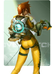 Rule 34 | 1girl, absurdres, ass, bodysuit, brown eyes, brown hair, contrapposto, goggles, unworn goggles, grin, hand on own hip, highres, logo, looking at viewer, looking back, overwatch, overwatch 1, short hair, signature, smile, solo, standing, takaya lee, tracer (overwatch), very short hair, wet, wet hair