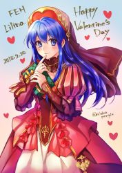Rule 34 | 1girl, blue eyes, blue hair, blush, dress, fire emblem, fire emblem: the binding blade, fire emblem heroes, gloves, hat, jewelry, lilina (fire emblem), lilina (valentine) (fire emblem), long hair, looking at viewer, mintes, nintendo, simple background, smile, solo, translation request