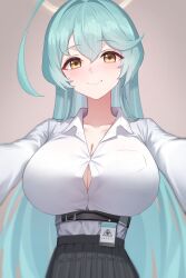 Rule 34 | 1girl, absurdres, antenna hair, aoi riko, aqua hair, black skirt, blue archive, breasts, halo, harness, highres, id card, large breasts, long hair, looking at viewer, shirt, simple background, skirt, twitter, white shirt, yume (blue archive)