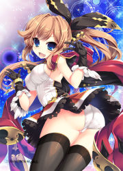 Rule 34 | 10s, 1girl, artist request, ass, black gloves, black thighhighs, blue eyes, blush, brown hair, cape, clarisse (granblue fantasy), from behind, gloves, granblue fantasy, hair ribbon, long hair, looking at viewer, open mouth, panties, pantyshot, ponytail, ribbon, skirt, sleeveless, smile, solo, standing, thighhighs, underwear, upskirt, white panties, zettai ryouiki