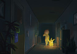 Rule 34 | 1boy, antenna hair, brown hair, buttons, commentary request, creatures (company), dark, door, closed eyes, game freak, gen 1 pokemon, glowing, hand up, holding tail, indoors, lanbook, long sleeves, nintendo, pajamas, photo (object), pikachu, plant, pokemon, pokemon (creature), potted plant, short hair, sleepy, slippers, tail, walking, wooden floor