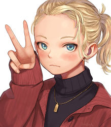 Rule 34 | 1girl, bad id, bad twitter id, black sweater, blonde hair, blue eyes, blush, commentary request, jacket, jewelry, kozato (yu kozato), looking at viewer, medium hair, necklace, original, ponytail, portrait, red jacket, simple background, sleeves past wrists, solo, sweater, turtleneck, upper body, v, white background
