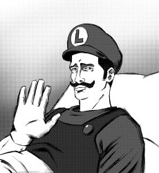 Rule 34 | 1boy, ai-generated art (topic), commentary, derivative work, english commentary, facial hair, gloves, greyscale, hat, highres, luigi, lying, male focus, mario (series), monochrome, mustache, nintendo, on back, overalls, pillow, short hair, solo, triple o00, under covers