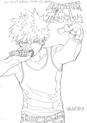 Rule 34 | 1boy, bakugou katsuki, bare arms, bare shoulders, belt, biceps, boku no hero academia, collarbone, english text, expressionless, eyebrows, fingernails, hair between eyes, highres, horikoshi kouhei, japanese text, looking at viewer, male focus, microphone, monochrome, music, pale skin, pants, short hair, simple background, singing, sketch, sleeveless, solo, solo focus, spiked hair, tank top, toned, white background