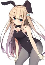Rule 34 | 1girl, animal ears, aqua eyes, black leotard, blonde hair, blush, bow, bowtie, breasts, cameltoe, cleavage, clothes pull, covered navel, cowboy shot, embarrassed, fake animal ears, female focus, grey pantyhose, hair ornament, highres, leaning forward, leotard, long hair, looking at viewer, medium breasts, original, pantyhose, pantyhose tug, playboy bunny, pout, rabbit ears, rabbit tail, simple background, solo, strapless, strapless leotard, tail, two side up, v-shaped eyebrows, very long hair, white background, zzb