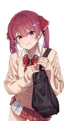Rule 34 | 1girl, absurdres, bag, bow, bowtie, cardigan, closed mouth, hair ribbon, heterochromia, highres, holding, holding bag, hololive, houshou marine, long sleeves, looking at viewer, pleated skirt, red bow, red bowtie, red eyes, red hair, red ribbon, red skirt, ribbon, school uniform, shinomu (cinomoon), short hair, simple background, skirt, solo, twintails, virtual youtuber, white background, yellow eyes