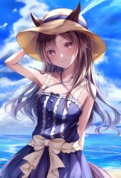 Rule 34 | 1girl, absurdres, animal ears, arm behind back, arm up, blue dress, blue ribbon, blue sky, bow, brown eyes, brown hair, collarbone, criss-cross halter, day, dress, floating hair, halterneck, hat, hat ribbon, highres, horse ears, horse girl, horse tail, lens flare, long hair, looking at viewer, mejiro dober (umamusume), mejiro dober (vacation safir) (umamusume), ocean, outdoors, ribbon, ryuna (inc moon), sky, sleeveless, sleeveless dress, solo, sparkle, standing, summer, sun hat, sundress, tail, umamusume, yellow bow, yellow hat