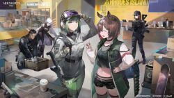 1boy 4girls animal_ears arknights artist_request ash_(rainbow_six_siege) baseball_cap black_choker black_dress black_hair black_hat black_shirt black_shorts box brown_hair catapult_(arknights) choker closed_eyes collarbone cup cz_scorpion_evo_3 doc_(rainbow_six_siege) dress ela_(rainbow_six_siege) fingerless_gloves gloves goggles goggles_on_headwear green_eyes green_hair gun hat holding holding_cup horse_ears horse_girl indoors jacket long_hair long_sleeves midriff multiple_girls navel official_art open_clothes open_jacket open_mouth pointy_ears rainbow_six_siege red_eyes remington_r4-c rhodes_island_logo_(arknights) shirt short_hair short_shorts shorts skateboard smile standing sunglasses warfarin_(arknights) weapon white_hair