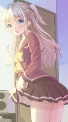 Rule 34 | 1girl, :o, absurdres, ass, blue eyes, blush, bow, brown skirt, charlotte (anime), clothes lift, color pro, commentary request, commission, cowboy shot, day, door, eyelashes, eyes visible through hair, from side, grey hair, hair between eyes, highres, hoshinoumi academy school uniform, indoors, lifted by self, long hair, long sleeves, looking at viewer, miniskirt, open mouth, pleated skirt, red shirt, sailor collar, school uniform, shirt, sidelighting, sidelocks, skeb commission, skirt, skirt lift, solo, standing, tomori nao, two side up, variant set, wavy hair, white sailor collar, yellow bow