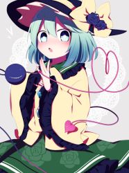 Rule 34 | 1girl, black hat, bow, bright pupils, cowboy shot, floral print, flower, frilled sleeves, frills, green eyes, green hair, green skirt, grey background, hair between eyes, hat, hat bow, hat flower, heart, heart of string, highres, koishi day, komeiji koishi, long sleeves, looking at viewer, open mouth, rose, rose print, shirt, short hair, skirt, solo, standing, third eye, touhou, white pupils, wide sleeves, yellow bow, yellow shirt, you (noanoamoemoe)