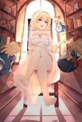 Rule 34 | absurdres, alice margatroid, blonde hair, blue eyes, book, bookshelf, bridal veil, brooch, chair, dleung, doll, doll joints, dress, hair ornament, hairband, hat, highres, jewelry, joints, kirisame marisa, crossed legs, pantyhose, photo (object), ring, shanghai doll, short hair, sitting, string, touhou, veil, wedding dress, white legwear, witch hat