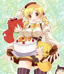 Rule 34 | 10s, 3girls, akemi homura, animal ears, beret, blonde hair, bow, bowtie, cake, chibi, collaboration, drill hair, fingerless gloves, food, fruit, gloves, hair ornament, hat, mahou shoujo madoka magica, mahou shoujo madoka magica (anime), multiple girls, nori senbei, open mouth, outstretched arms, outstretched hand, sakura kyoko, school uniform, smile, spread arms, strawberry, striped clothes, striped legwear, striped thighhighs, tail, thighhighs, tomoe mami, twin drills, twintails, vertical-striped clothes, vertical-striped legwear, vertical-striped thighhighs, yellow eyes, | |