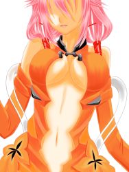 Rule 34 | 10s, 1girl, bad id, bad pixiv id, bare shoulders, breasts, center opening, cleavage, detached sleeves, elbow gloves, gloves, guilty crown, hair ornament, hair over eyes, hairclip, highres, large breasts, long hair, marker (medium), navel, no eyes, open mouth, pink hair, red eyes, ruchi a, sarina (tosiyukiryousuke), shaded face, simple background, solo, traditional media, twintails, yuzuriha inori