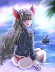 Rule 34 | 1girl, animal ears, artist request, ass, blush, brown hair, butt crack, dragon ears, from behind, highres, long hair, looking at viewer, looking back, open mouth, puzzle &amp; dragons, red eyes, school uniform, serafuku, shiny skin, sitting, smile, thong, very long hair, water