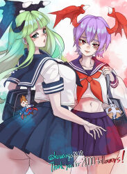 2girls ass breasts darkstalkers demitri_maximoff demon_girl green_eyes green_hair head_wings highres huge_ass kuwango large_breasts lilith_(darkstalkers) long_hair looking_at_viewer looking_back midriff morrigan_aensland multiple_girls navel parted_lips purple_hair red_eyes sailor_collar sasquatch_(darkstalkers) school_uniform shirt short_hair sideboob smile white_shirt wings