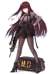 Rule 34 | 1girl, absurdres, armband, bag, bipod, black footwear, black gloves, black pantyhose, black skirt, blazer, blunt bangs, blush, boots, braid, breasts, brown hair, buckle, bullpup, buttons, closed mouth, collared shirt, dated, double-breasted, duffel bag, embarrassed, floating hair, framed breasts, french braid, full body, girls&#039; frontline, gloves, gun, hair between eyes, hair ribbon, half updo, hand on own hip, high-waist skirt, high heel boots, high heels, highres, holding, jacket, large breasts, long hair, long sleeves, looking at viewer, multiple straps, necktie, one side up, pantyhose, purple hair, purple shirt, red eyes, red necktie, ribbon, rifle, shirt, shoes, sidelocks, signature, simple background, skirt, sniper rifle, solo, sports bag, standing, strap, thigh strap, thighband pantyhose, thighs, trigger discipline, tsurime, very long hair, wa2000 (girls&#039; frontline), walther, walther wa 2000, weapon, white background, white shirt, zhishi ge fangzhang