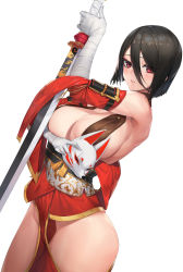 Rule 34 | 1girl, absurdres, bandages, bandaged arm, bandages, bare shoulders, black hair, bob cut, breast hold, breasts, chest strap, cleavage, clothing cutout, detached sleeves, fox mask, hair between eyes, highres, holding, holding mask, holding sword, holding weapon, jam (nandade), japanese clothes, kunoichi kaen, large breasts, last origin, leg cutout, looking at viewer, mask, mole, mole on breast, off shoulder, parted lips, red eyes, red sleeves, revealing clothes, sash, short hair, sideboob, simple background, solo, sword, weapon, white background